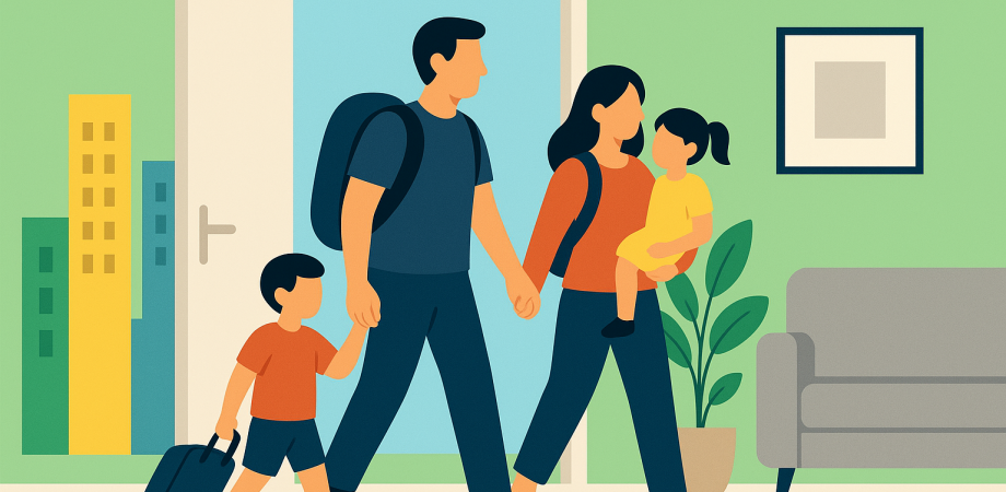 Familia Entrando en un inmueble moderno